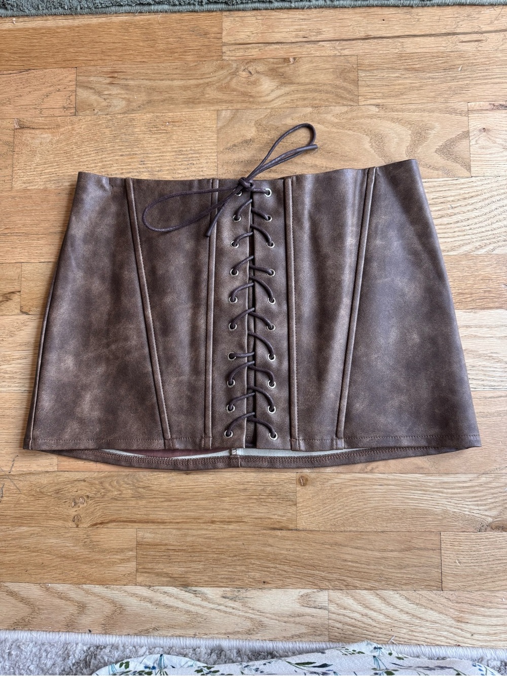 Edikted Brown Faux Leather Lace-Up Mini Skirt